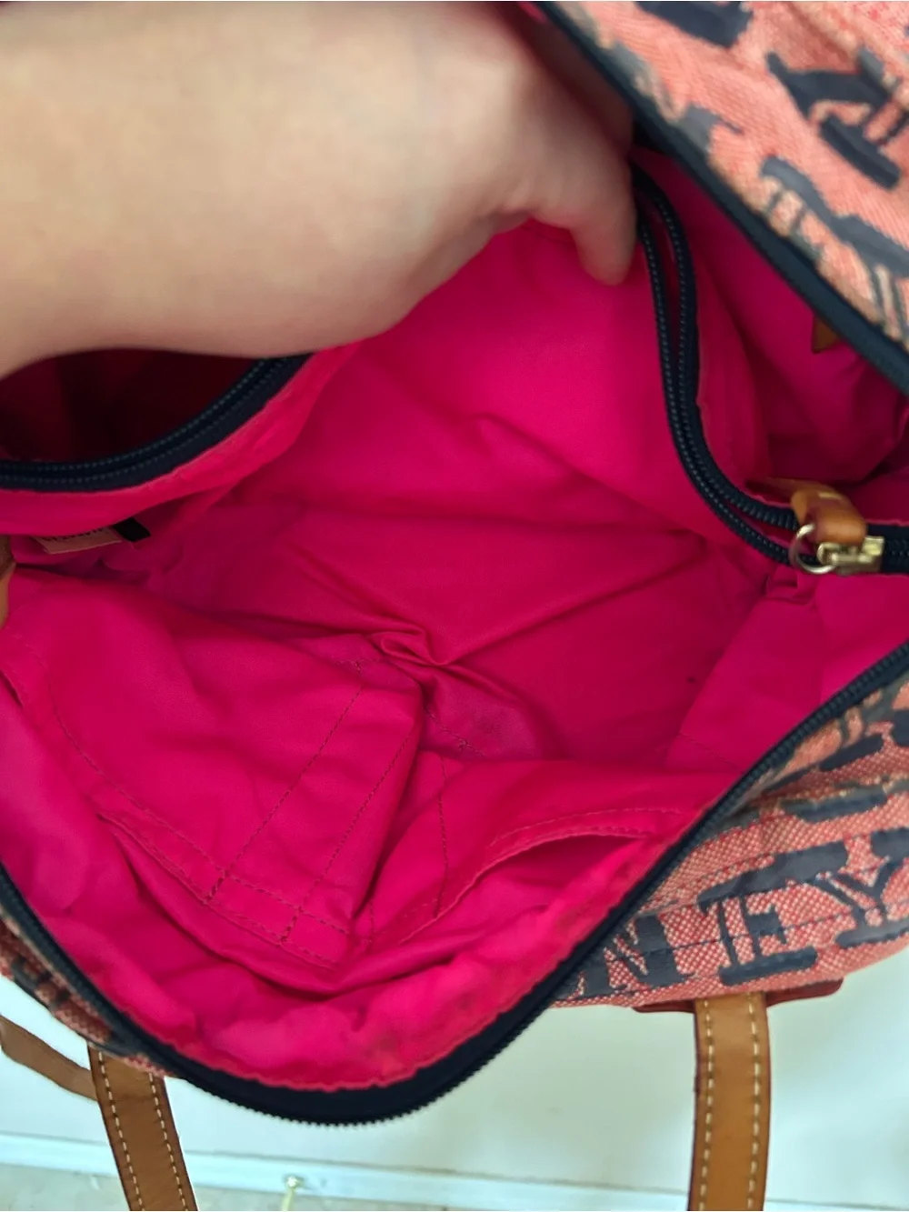 Dooney & Bourke Pink Logo Canvas Tote with Tan Leather Trim